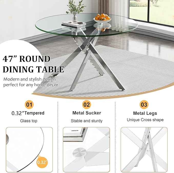 Goujxcy Round Dining Table Set for 4, Modern Glass Kitchen Table and Chairs Set of 4, 5 Piece Dining Room Table Set with 47" Circle Silver Metal Glass Dinner Tables and 4 Black Leather Dining Chairs