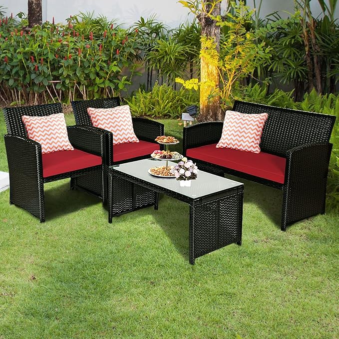 Tangkula Patio Wicker Conversation Furniture Set, Patiojoy Sofa & Table Set w/4 Seats, Outdoor Rattan Sofa Set for Balcony Backyard, Wicker Chair Set with Tempered Glass Coffee Table (1, Red)