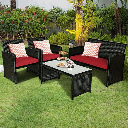 Tangkula Patio Wicker Conversation Furniture Set, Patiojoy Sofa & Table Set w/4 Seats, Outdoor Rattan Sofa Set for Balcony Backyard, Wicker Chair Set with Tempered Glass Coffee Table (1, Red)