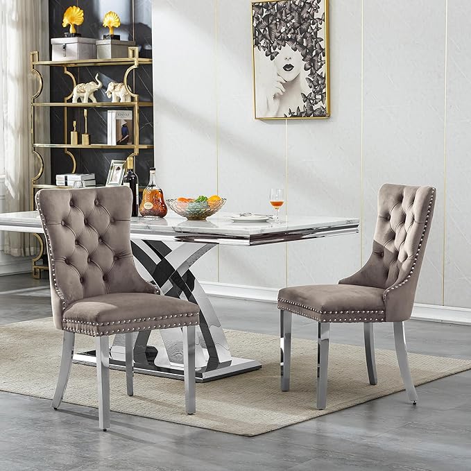 Goujxcy 68" Faux Marble Dining Table Set for 6, 7-Piece Dining Set with White Silver Kitchen Table and 6 Velvet Tufted Chairs, Modern Rectangular Dining Room Table with X-Shape Stainless Steel Base