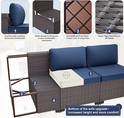 Kurapika 11 Pieces Patio Furniture Set, Rattan Wicker Outdoor Conversation Sets w/43in Propane Fire Pit Table, Swivel Rocking Chairs Patio Sectional Sofa w/4" Cushion, Navy Blue