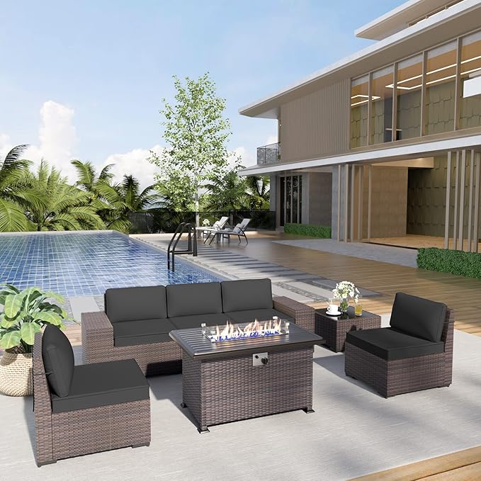 Kurapika 7 Pieces Patio Furniture Set, Rattan Wicker Outdoor Conversation Sets w/43in Propane Fire Pit Table and 4 Inch Cushion(Black)
