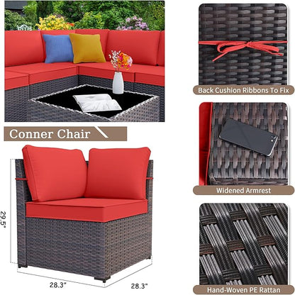 Kurapika 7 Pieces Patio Furniture Set, Rattan Outdoor Conversation Sets w/43in Propane Fire Pit Table and 4 Inch Cushion(Red)