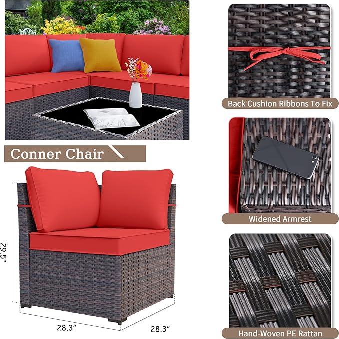 Kurapika 9 Pieces Patio Furniture Set, Rattan Wicker Sofa Set, Outdoor Conversation Sets w/Swivel Rocking Chairs Patio Sectional Sofa w/4 Inch Cushion, Red