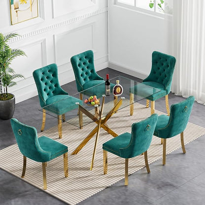 Goujxcy Glass Dining Table Set for 6, Modern Kitchen Table and Chairs Set of 6, 7-Piece Kitchen Dining Room Table Set w/61 Glass Gold Dining Table and 6 Green Velvet Upholstered Chairs