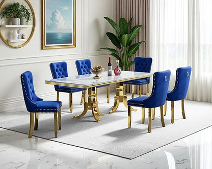 Goujxcy Faux Marble Dining Table Set for 6, Modern 7-Piece Dining Table Set with 6 Velvet Upholstered Chairs, 70" Large Long Faux Marble Kitchen Dining Room Table and Chairs with Stainless Steel Legs