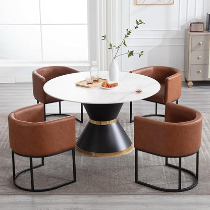 Faux Leather Dining Chairs Set of 2 Modern Barrel Arm Chairs with Black Metal Frame, Upholstered Kitchen Chairs 18.5" Wide Accent Chairs for Living Room Dining Room Restaurant, Brown