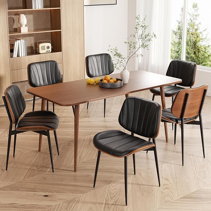 Dining Chairs Set of 6, Mid Century Modern Dining Room Chairs, Upholstered Faux Leather Kitchen Chair with Walnut Bentwood Back and Metal Legs for Kitchen Living Room, Black