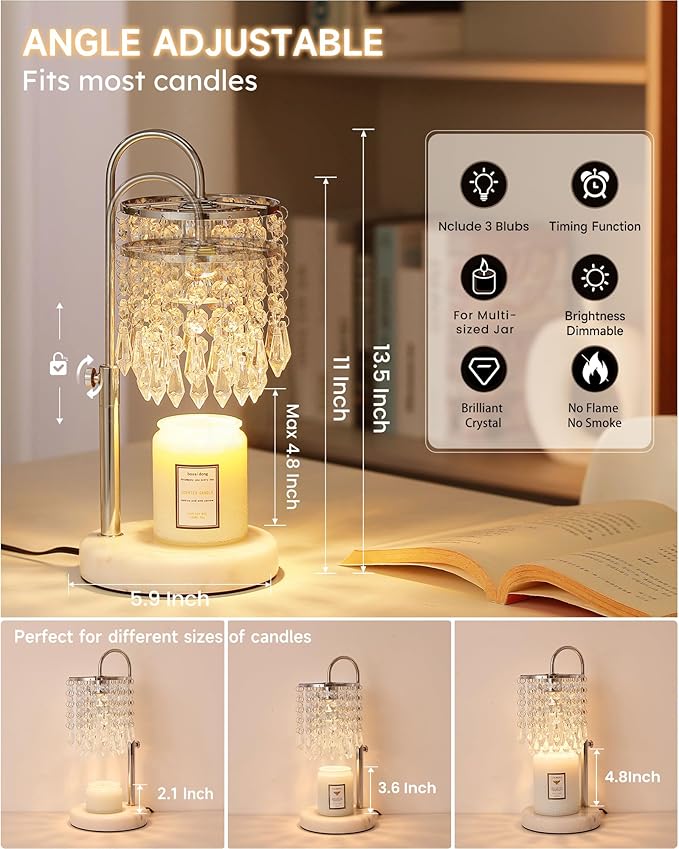 Candle Warmer Lamp with Timer Dimmer and 3 Bulbs, Candle Lamp Warmer with Marble Base for Adjustable Height, Crystal Candle Lamp for Jar Candles, House Warming Gifts Home Room Decor, Silver