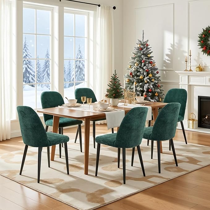 Upholstered Dining Chairs Set of 6, Mid Century Modern Fabric Dining Room Chair High-Back Padded Kitchen Chairs with Padded Seat and Metal Legs for Kitchen Dining Room Restaurant Cafe, Green