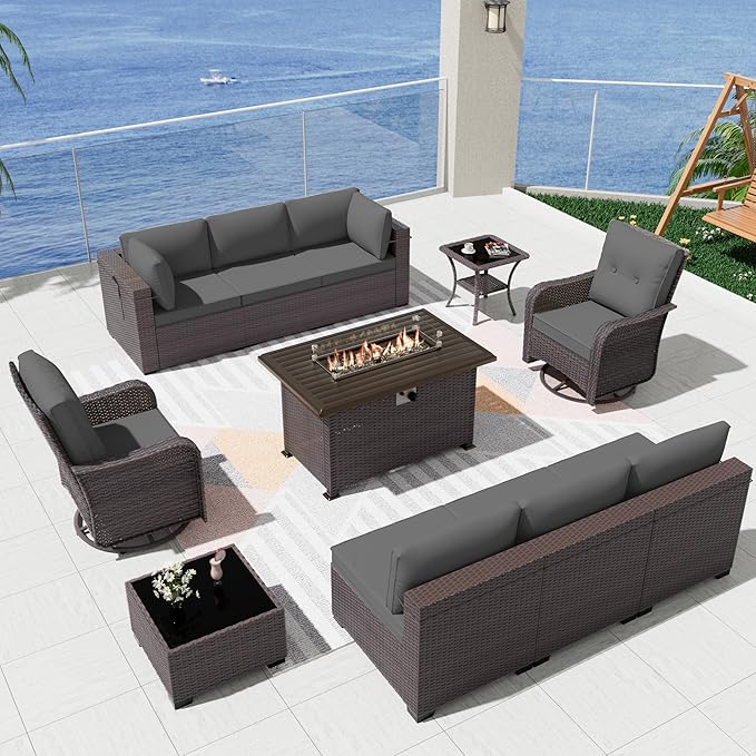 Kurapika 11 Pieces Patio Furniture Set, Rattan Wicker Outdoor Conversation Sets w/43in Propane Fire Pit Table, Swivel Rocking Chairs Patio Sectional Sofa w/4 Inch Cushion, Grey
