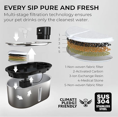 Wireless Cat Water Fountain Stainless Steel 108oz/3.2L, Cordless, Battery Operated Cat Fountain (Last up to 50 Days), Ultra Quiet, 2 Flow Modes, Multi-Filtration, BPA Free, Includes 2 Filters - Black