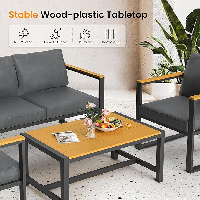 Pamapic 4 Pieces Outdoor Patio Furniture Set, Modern Metal Balcony Furniture with Plastic-Wood Coffee Table, All-Weather Patio Conversation Set with Thick Cushion for Balcony, Porch, Gray