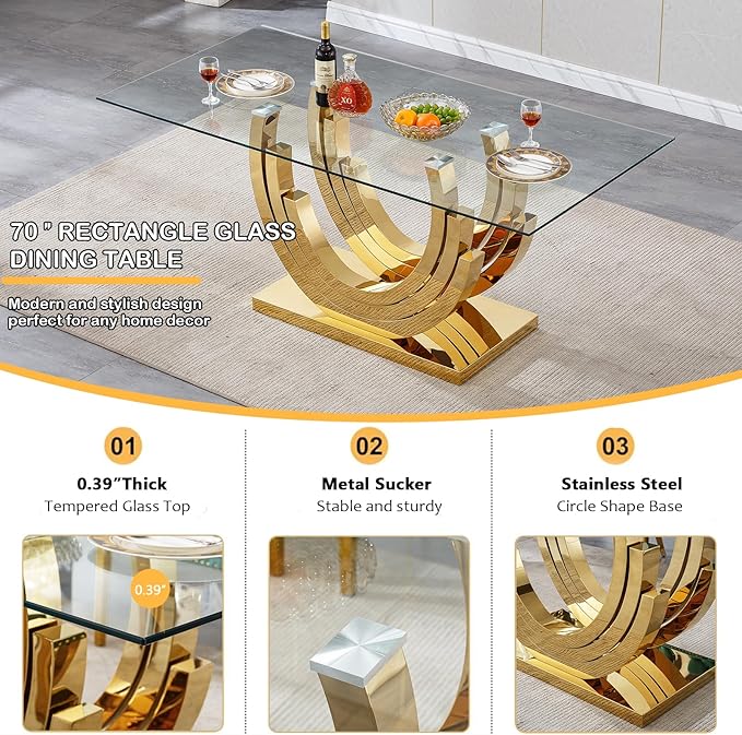 Goujxcy 70" Modern Glass Dining Table for 6-8, Luxury Gold Glass Dining Room Table with Mirrored Ring-Shape Stainless Steel Base, Rectangle Kitchen Dinner Tables for Dining Room Kitchen