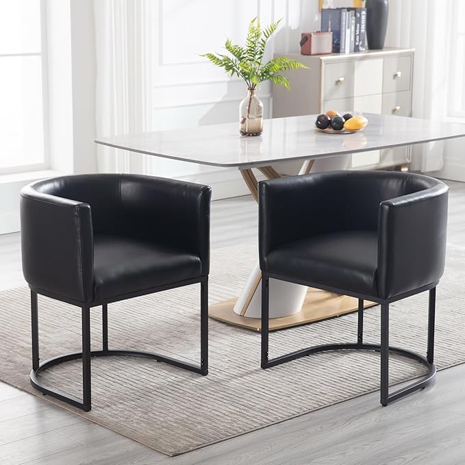 Faux Leather Dining Chair Modern Barrel Arm Chairs with Black Metal Frame, Upholstered Kitchen Chairs 18.5" Wide Accent Chair for Living Room Dining Room Restaurant, Black