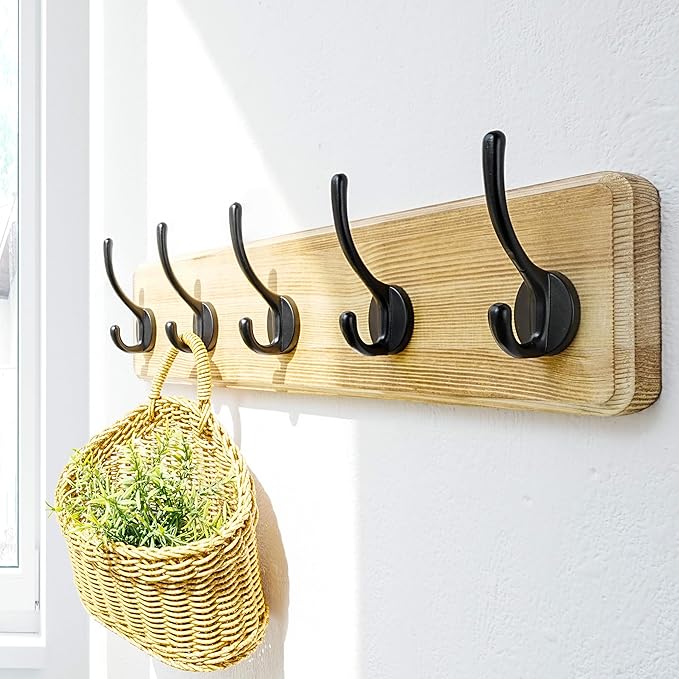 Dseap Coat Rack Wall: Patented, Heavy-Duty, 5-Double-Hooks Wooden Wall Mounted Coat Rack Coat Hanger Hook Rail for Winter Coats Hat Jacket Clothing, Light Brown