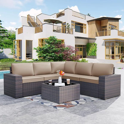 Kurapika 9 Pieces Patio Furniture Set, Rattan Wicker Sofa Set, Outdoor Conversation Sets w/Swivel Rocking Chairs Patio Sectional Sofa w/4 Inch Cushion, Sand