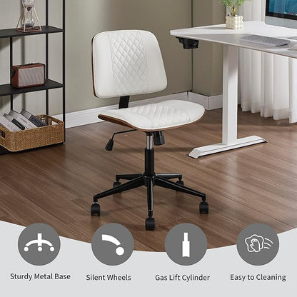 Small Home Office Chair - Armless Mid Back Desk Chair with 360° Swivel and Wheels, PU Upholstered Height Adjustable Modern Walnut Computer Chair for Home, Office Meeting Room - White