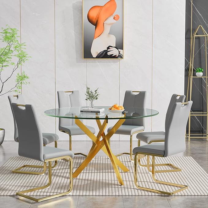 Goujxcy Round Dining Table Set for 6, Modern Glass Kitchen Table and Chairs Set of 6, 7 Piece Dining Room Table Set with 47" Circle Gold Metal Glass Dinner Table and 6 Grey Leather Dining Chairs