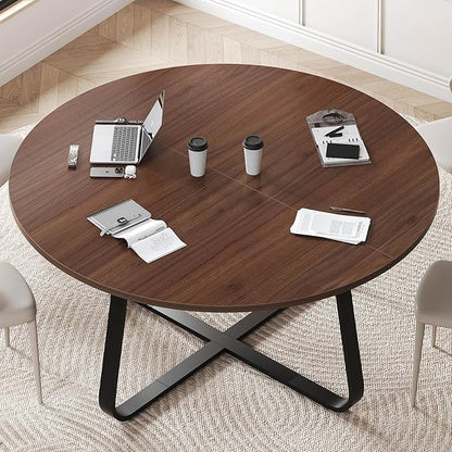 LVB Round Dining Table, Modern Wood Metal Kitchen Tables, Industrial Small Dinner Room Table for 4 to 6 People, Circle Coffee Dining Room Tables for Home Kitchen Living Room, Walnut, 51 Inch