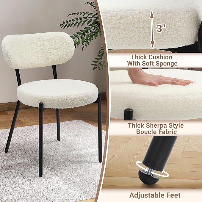 Dining Chairs Set of 2 pcs, Boucle Comfortable Upholstered Seat Fabric with Curved Backrest, Mid Century Modern Contemporary Scandinavian Designer Chairs Ideal for Dining Room, Kitchen, White