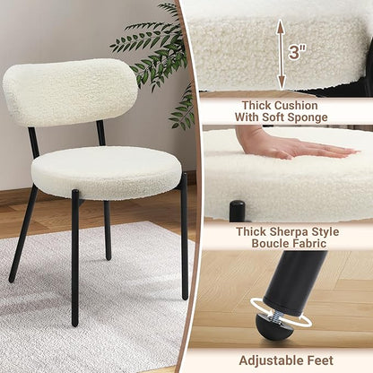 Dining Chairs Set of 2 pcs, Boucle Comfortable Upholstered Seat Fabric with Curved Backrest, Mid Century Modern Contemporary Scandinavian Designer Chairs Ideal for Dining Room, Kitchen, White