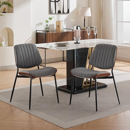 Dining Chairs Set of 2, Mid Century Modern Accent Dining Room and Kitchen Chairs, Upholstered PU Leather Vertical Stripe Chairs for Vanity with Walnut Bentwood and Metal Legs, Gray