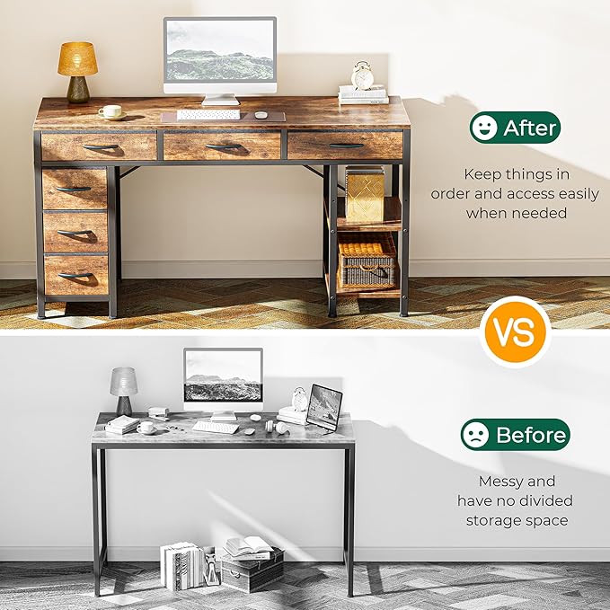 Huuger Computer Desk with 6 Drawers, 47 Inch Office Desk with Shelves, Reversible Gaming Desk, Corner Desk with Storage, Work for Home Office, Study, Living Room, Rustic Brown
