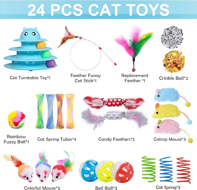 UPSKY 24 PCS Cat Toys, 3-Level Turntable Kitten Toys Set, Interactive Cat Roller Toys for Indoor Cats, Catnip Toys, Cat Teaser Toys, Mice Toys, Spring Toys, Various Ball Toys for Kitty