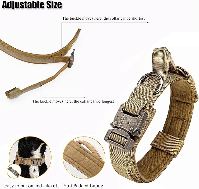 Tactical Dog Collar, Adjustable Military Training Nylon Dog Collar with Control Handle and Heavy Quick-Release Metal Buckle for Small Medium Large Dogs, Green L