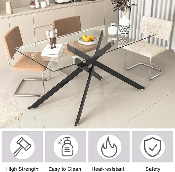 Modern Glass Dining Table Set for 6, Black Glass Kitchen Table and Chairs Set of 6, 7 Piece Dining Room Table Set with 61" Rectangular Metal Glass Dinner Table and 6 Black Leather Dining Chairs