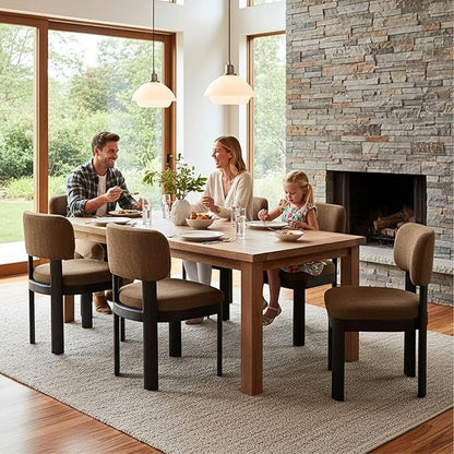 Modern Brown Upholstered Dining Chairs Set of 6 Wooden Side Chairs with Curved Backrest and Black Legs for Kitchen Island, Dining Room