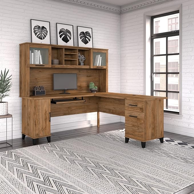 Bush Furniture Somerset L Shaped Desk with Hutch in Fresh Walnut | Corner Computer Table with Drawers, Cabinets and Pullout Keyboard/Laptop Tray for Home Office