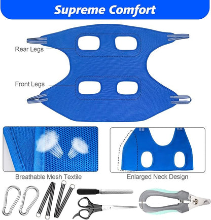 Pet Grooming Hammock Harness for Cats & XS Small Dogs, Dog Sling for Cutting Nails, Dog Hanging Holder Hanger for Nail Trimming with Nail Clippers, Nail File, Scissors