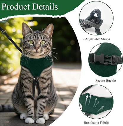 A1HC Escape Proof Cat Harness and Leash - Soft Adjustable Vest, Comfortable Mesh and Long Strips with Air Tag Pocket, Easy Control, Safe Walking Harness for Cats & Kittens - Dark Green (Large)
