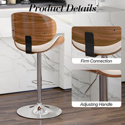 Adjustable Swivel Bar Stools Set of 4, Modern Bentwood Barstool with Large Metal Base and Footrest, PU Leather Upholstered Bar Chair with Curved Back for Kitchen Island Dining Room, White