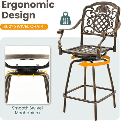 Pamapic 3-Piece Patio Swivel Bar Stools Set，Rustproof Cast Aluminum Patio Bar Sets 2，All-Weather High TopTable and Chairs Furniture Set Garden, Balcony, Bronze