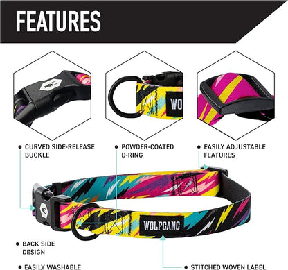 Wolfgang Heavy Duty, Adjustable Dog Collar with Quick Release Nylon Buckle for Walking & Training, FuzzyTails Print, Medium