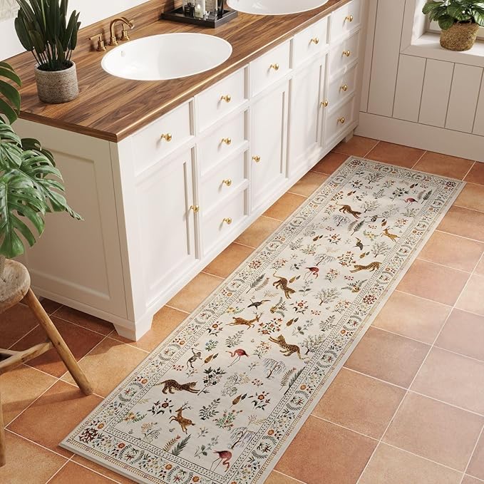 Rugcomf Runner Rug for Kitchen Rug Non Slip 2'x6' Washable Rugs with Rubber Backing Soft Floral Animal Carpet Runner for Kitchen, Laundry, Bedroom, Bathroom (Beige)