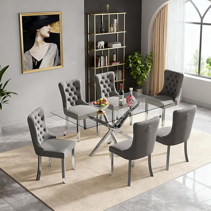 Goujxcy 51" Glass Dining Table Set for 6, Modern Kitchen Table and Chairs Set w/Steel Legs, 7-Piece Dining Table Set w/Glass Silver Dining Table and 6 Grey Velvet Chairs for Kitchen Dining Room