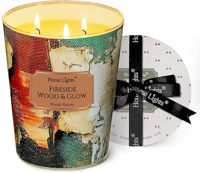 HomeLights 3-Wick Candles for Home Scented - 34oz Soy Wax Blend Candle Long-Lasting Fragrance, Industrial Chic Home Decor and Housewarming Gifts, Fireside Wood & Glow