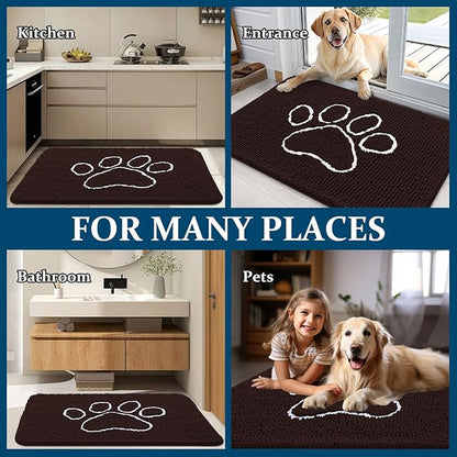 OLANLY Dog Door Mat for Muddy Paws 59x32, Paw Print Design, Absorbs Moisture and Dirt, Absorbent Non-Slip Washable Doormat, Quick Dry Chenille Mud Mat for Dogs, Entry Indoor Entryway Carpet, Brown