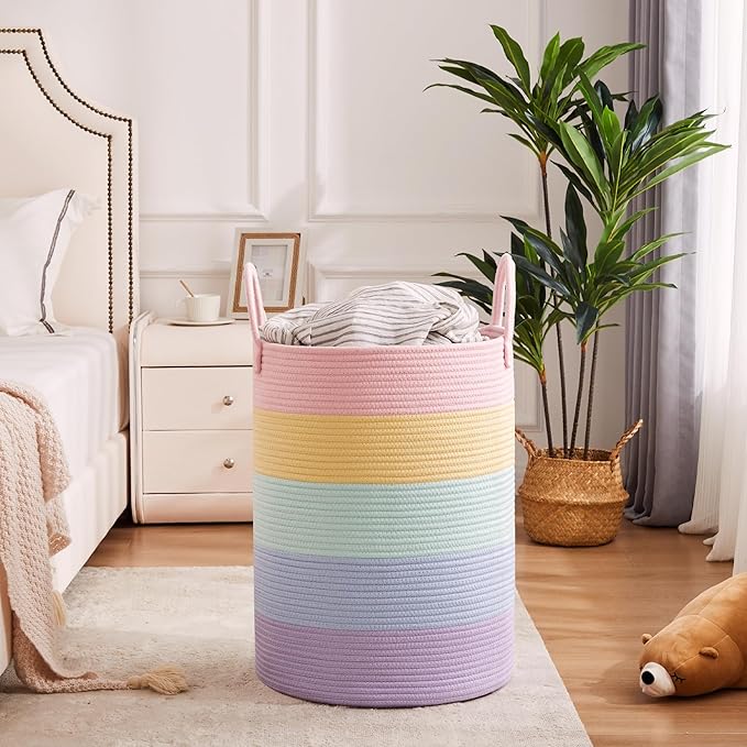 80L Extra Large Rainbow Baby Girls Hamper Laundry Basket for Kids Nursery Pastel Tall Blanket Basket for Toy Woven Rope Unicorn Clothes Hamper in Living Room Playroom Bedroom