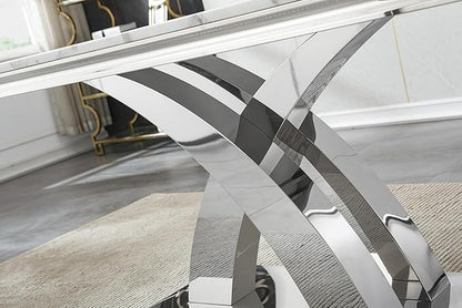 Goujxcy 7-Piece Dining Table Set Modern Faux Marble Dining Table Set for 6, Luxury 68" Long Faux Marble Kitchen Table with 6 Velvet Upholstered Chairs & Mirrored Stainless Steel Base