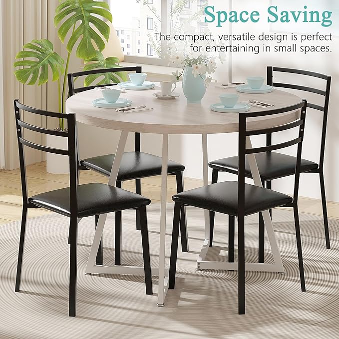 VECELO 35” Round Dining Table Set with 4 Cushioned Padded Chairs for Kitchen, Breakfast Nook, or Living Room, Wood-Grain Tabletop & Heavy-Duty Steel Frame, Easy Assembly, Natural Wood
