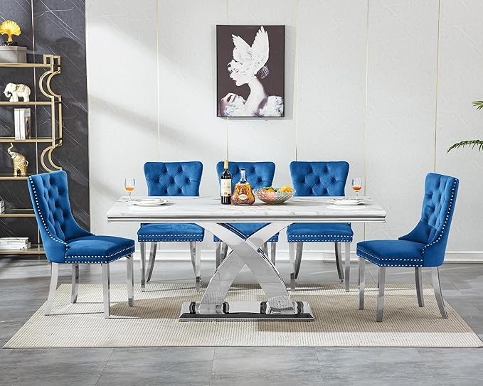 Goujxcy 68" Marble Dining Table Set for 6, Modern Rectangle Dining Room Table Set for 6, Luxury White Silver Marble Kitchen Table and Chairs Set of 6 for Living Room,Kitchen