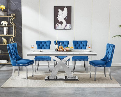 Goujxcy 68" Marble Dining Table Set for 6, Modern Rectangle Dining Room Table Set for 6, Luxury White Silver Marble Kitchen Table and Chairs Set of 6 for Living Room,Kitchen