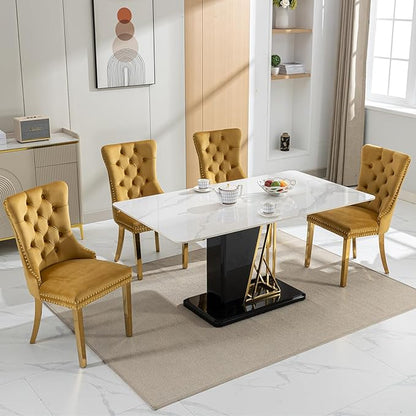 Luxury Upholstered Dining Chairs Set of 2, Yellow Kitchen Chair with Golden Metal Legs, Velvet Tufted Back Dining Chair, Sillas de Comedor, Modern Kitchen & Dining Room Chairs (Gold, 2 Pcs)