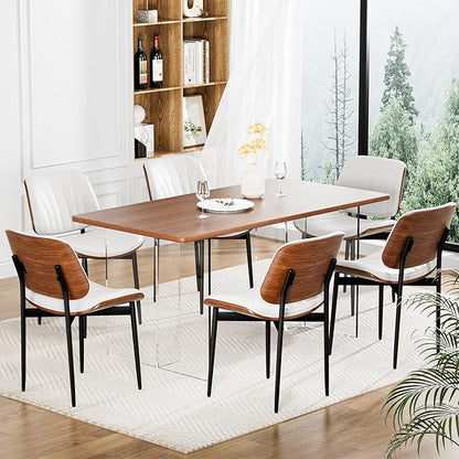 Dining Chairs Set of 4, Dining Room and Kitchen Chairs, FSC Certified Mid Century Modern Accent Chair, Upholstered PU Leather Chairs for Vanity with Walnut Bentwood and Metal Legs, White
