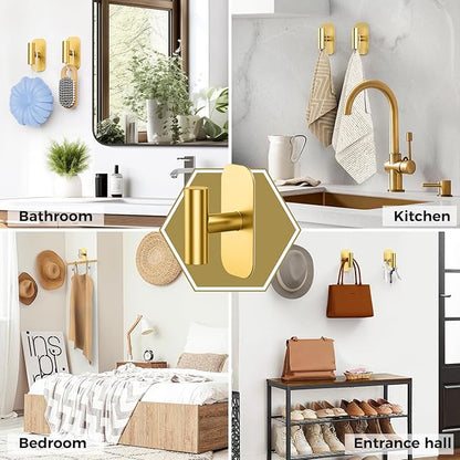 Adhesive Towel Hooks for Shower,Waterproof Heavy Duty Bathroom Hooks,Wall Mounted Sticky Hangers for Coats/Aprons/Robes,No Drilling(Gold,4 Pack)